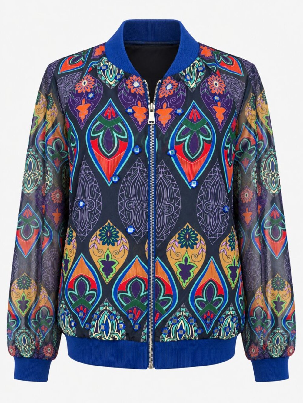 Desigual Multicolor Dopamine Paisley Sheer Sleeve Embellished Bomber Jacket XL